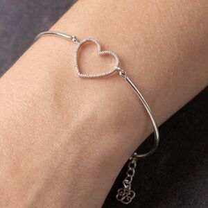 Silver Tone Textured Open Heart Bangle Bracelet